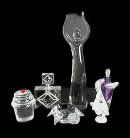 Group of Six Glass Objects to include: A Figure, Two Perfumes, Pelican, Cupcake, Turtle, Tallest-11