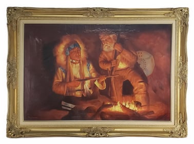 Troy Denton (American, b.1949) Indian and Frontiersman by the Fireside, Signed lower left, Oil on