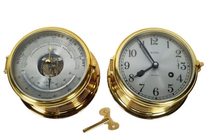 Vintage Bulova Brass Nautical Clock with Bell and Barometer, with Key, 6" dia., good condition,