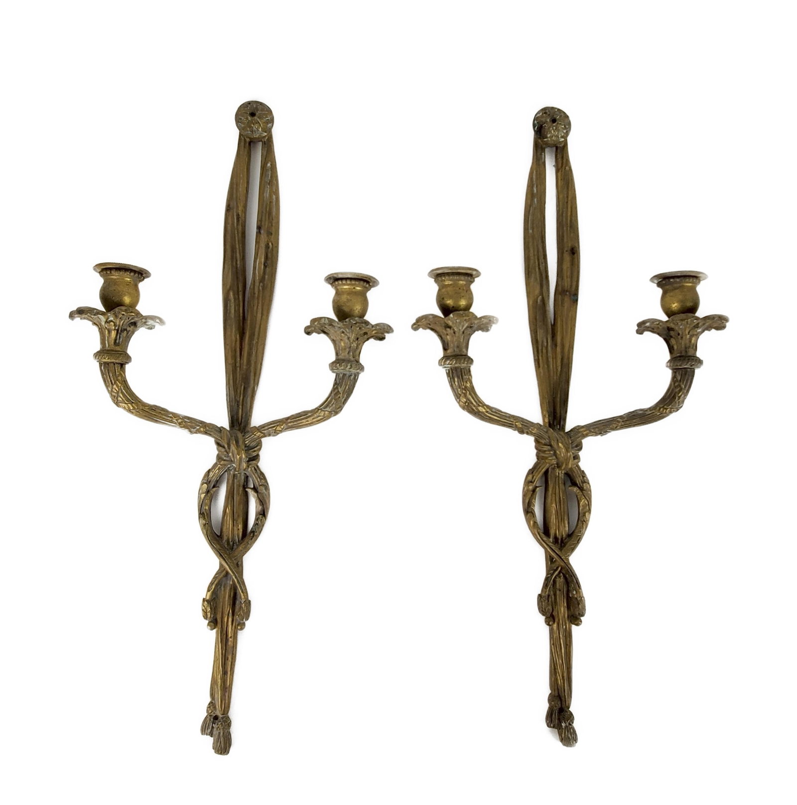 Pair Two Arm Neo-Classical Bronze Sconces, 20th Century, 21 3/4" h. 10" w. (1 of 5)