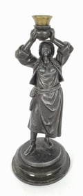 Antique Spelter Sculpture of Water Carrier Maiden, Late 19th Century, mounted to black marble base,