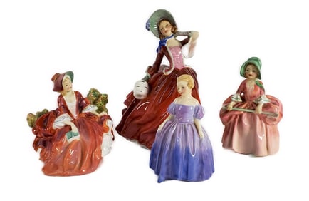 Group of Four English Royal Doulton Porcelain Ladies, 20th Century, Autumn Breezes, Lydia, Bo Peep,