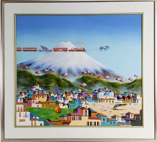 South American School (20th Century) Surrealist/Fantasy Town Landscape with Flying Train, Signed M.