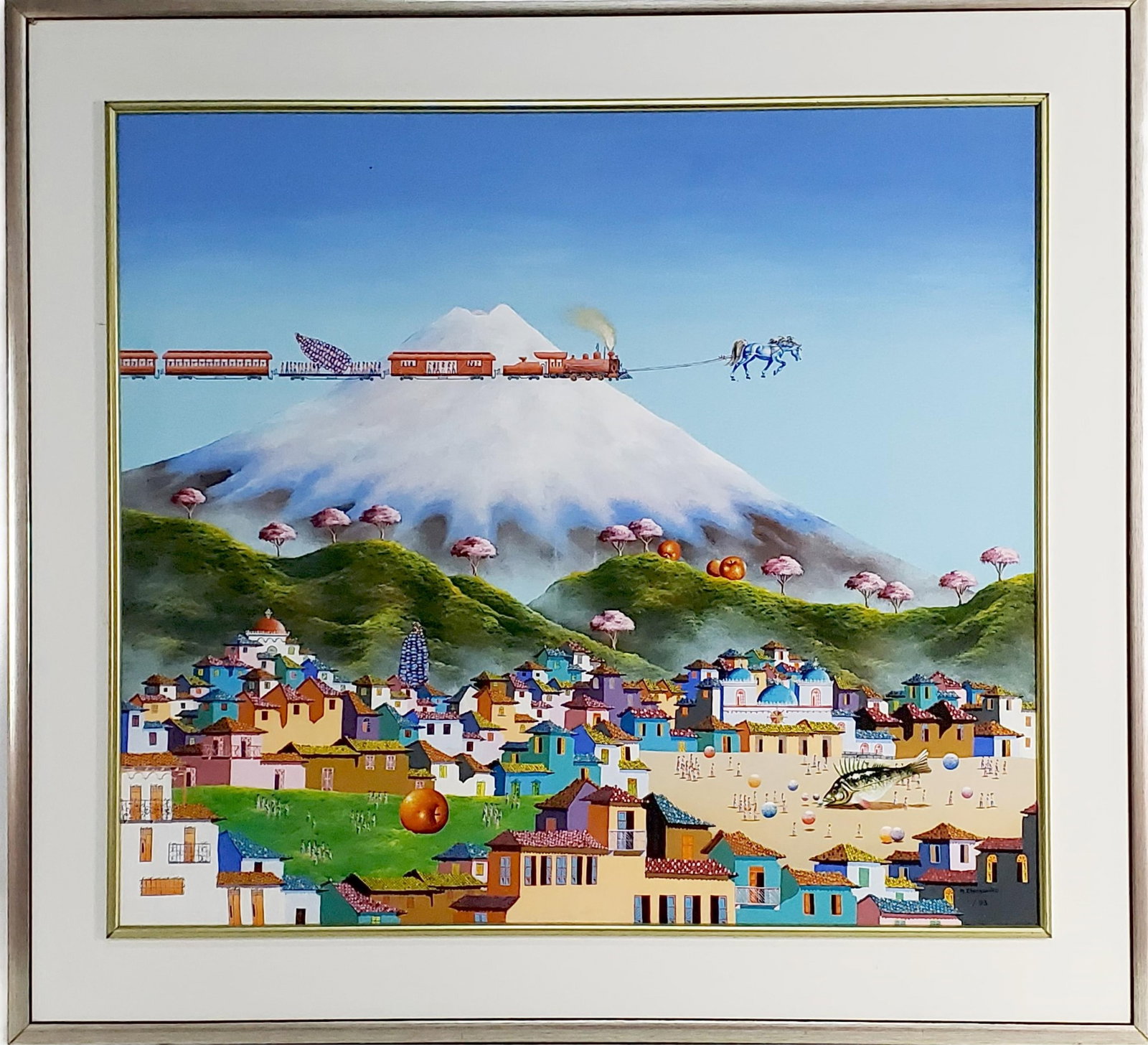 South American School (20th Century) Surrealist/Fantasy Town Landscape with Flying Train, Signed M. (1 of 8)