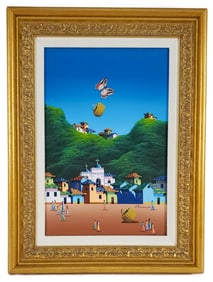 South American School (20th Century) Surrealist/Fantasy Town Landscape, Oil and , Acrylic on canvas,
