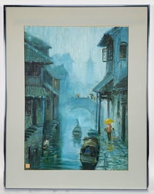 Chinese School (20th Century) Canal Scene with Figures, Oil on paper, Signed with chop mark lower
