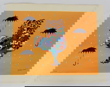 Jonathan Winters (American, 1925-2013) Indian Rain Bird, Silkscreen on canvas, Signed and numbered