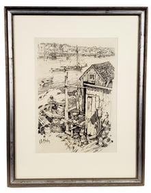 Lester George Hornby (American, 1882-1956) Lobster Shacks, Signed lower left, Pencil on paper,