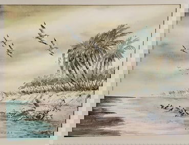 Carl G. Evers (German/American, 1907-2000) Beach Seashore with Pelican and Gulls, Signed C. G. Evers