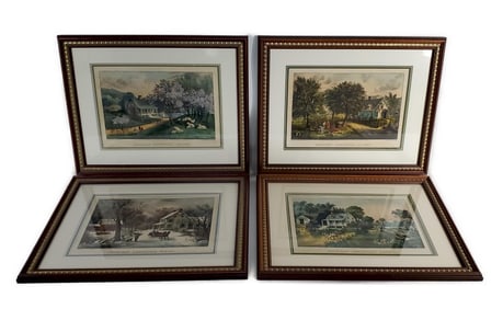 Group of Four Currier and Ives 19th Century Hand Colored Lithographs to include: Homestead Autumn,