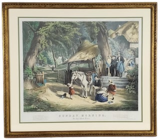 N. Currier 19th Century Hand Colored Lithograph, Sunday Morning, in the Olden Time, medium format,