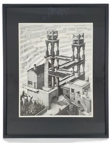 A Screenprint in Black and White After M. C. Escher, Waterfall, Sight-20 1/4" x 19 1/4", Framed-29