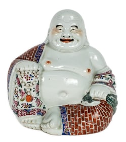 A Chinese Porcelain Figure of Hotei, 20th Century, underside with seal mark, 10 1/2" h. 9 1/2" w. 6