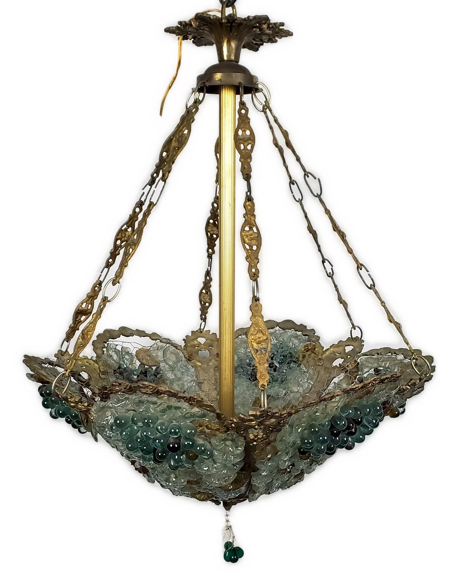 A Vintage Glass and Brass Grape Bunches Chandelier: A Vintage Glass and Brass Grape Bunches Chandelier, 30" h. 24" dia., will need a drop finial, wear consistent with age.