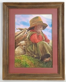 Latin American Watercolor Painting of a Young Peasant Child and Puppy Dog