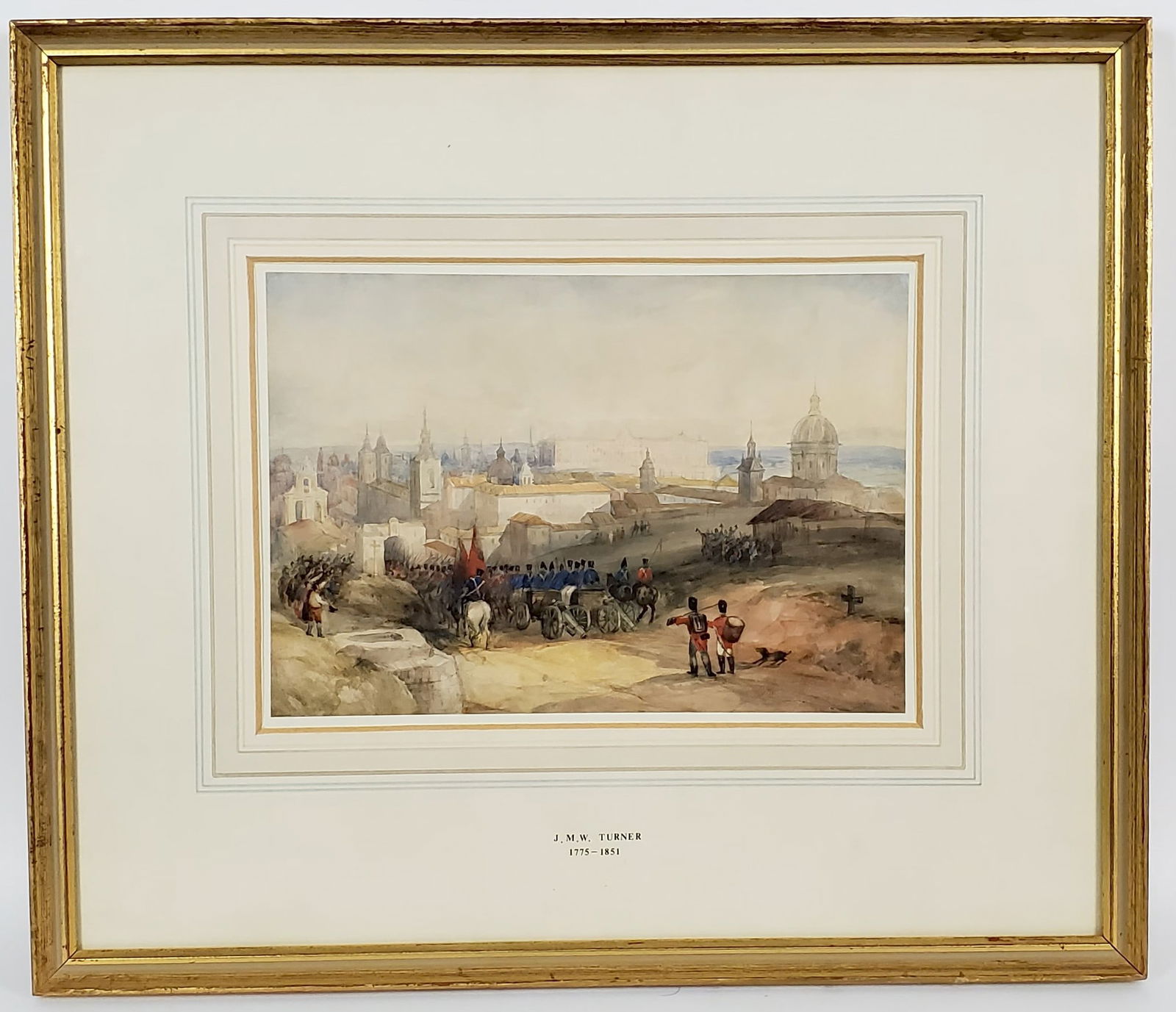 Manner of Joseph Mallord William Turner (English, 1775-1851) Battle Scene: Manner of Joseph Mallord William Turner (English, 1775-1851) Battle Scene with Military Men Marching Toward a City, no visible signature, Watercolor on paper, Sight-7" x 10", Framed-14 5/8" x 17"