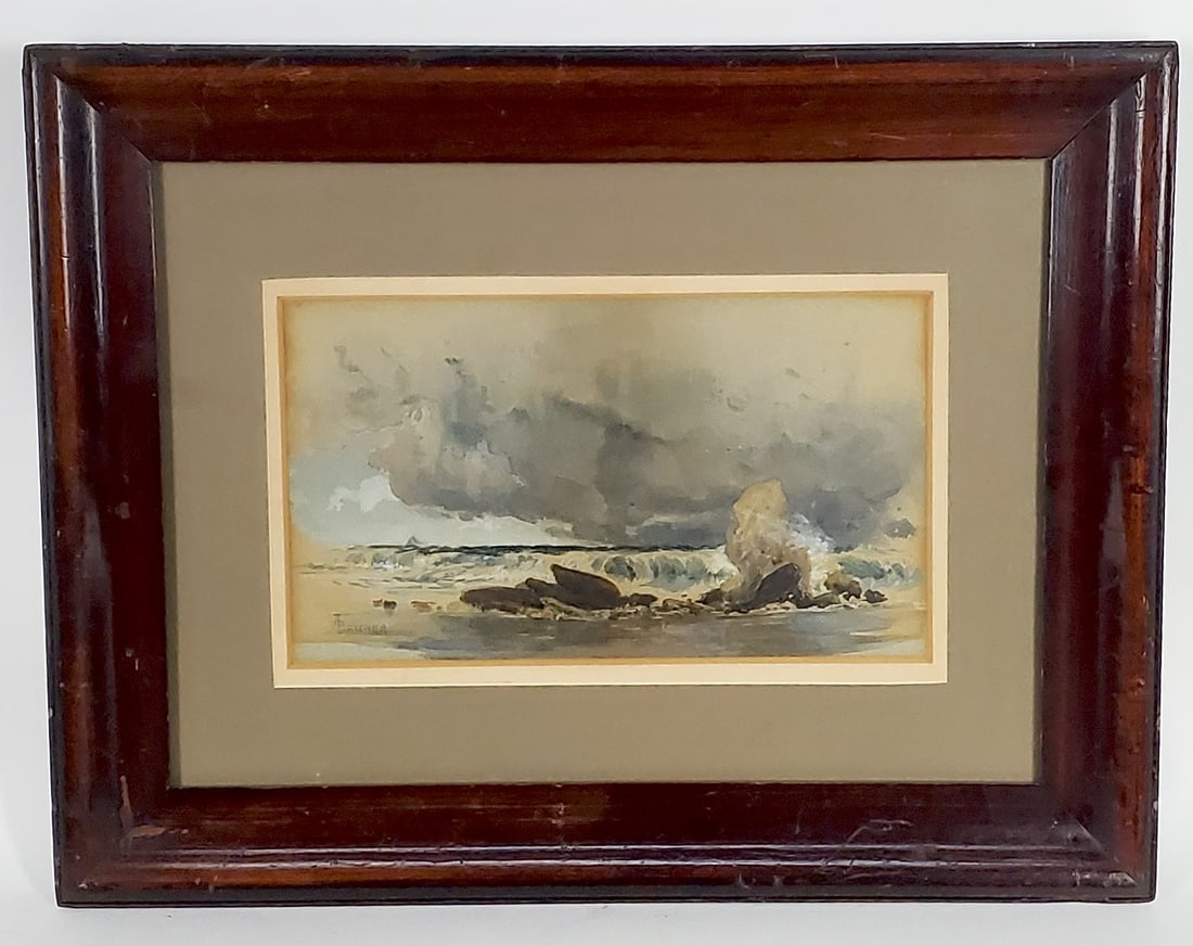 Alfred Thompson Bricher (American, 1837-1908) Rocky Coast Seascape Watercolor: Alfred Thompson Bricher (American, 1837-1908) Rocky Coast Seascape, Signed lower left, Watercolor on paper, Sight-6 1/4" x 11", Framed-14 1/2" x 19"
