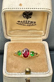 Vintage Russian 14K Gold Ladies Ring with Ruby and Demantoid Garnets