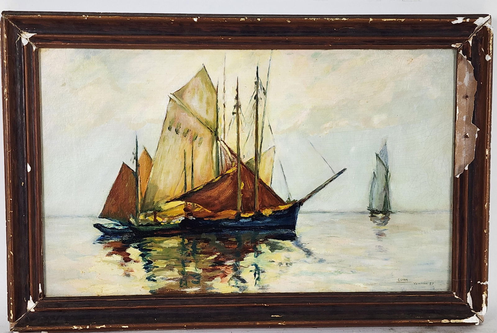 Juan Luna y Novicio (Filipino, 1857-1899) Venetian Boats, Oil on board, Signed Luna, Inscribed: Juan Luna y Novicio (Filipino, 1857-1899) Venetian Boats, Oil on board, Signed Luna, Inscribed Venecia, and dated '87, 12" x 19 3/4", Framed-14 1/2" x 22 1/2", has scattered crazing with old varnish,