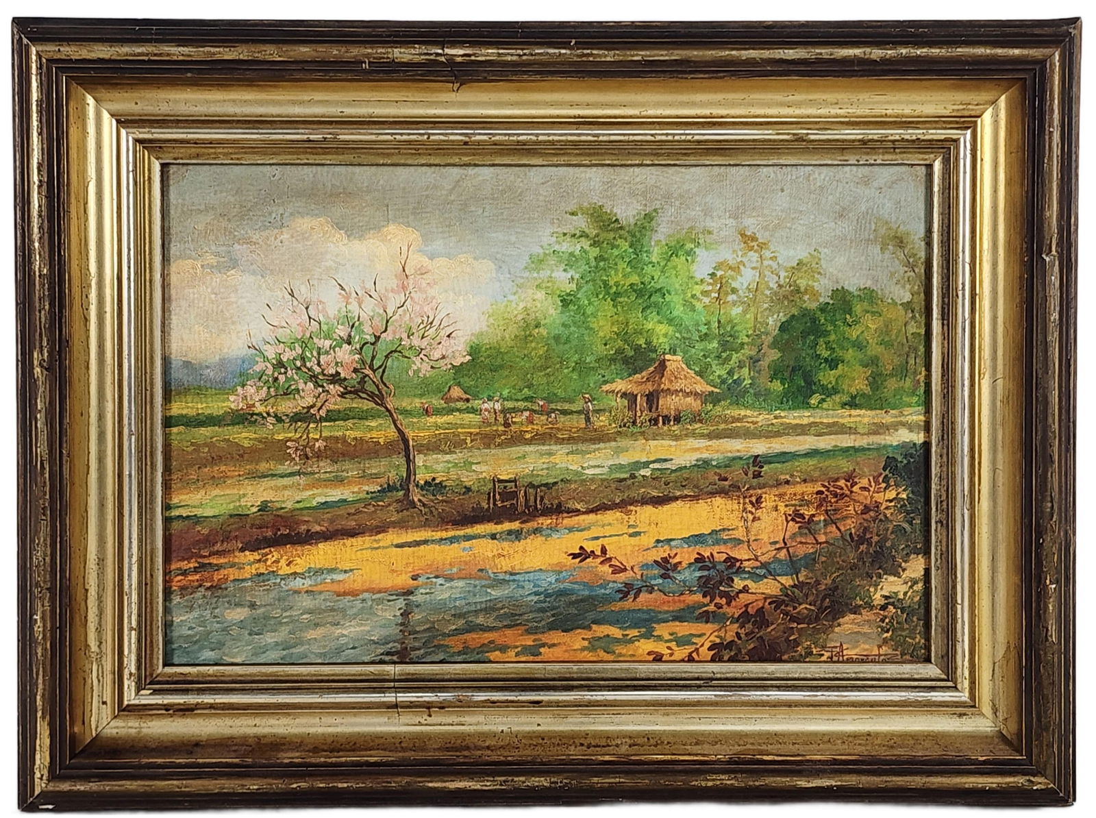 Fernando Amorsolo (Filipino, 1892-1972) Rice Fields Landscape with Workers, Oil on canvas, Signed F.: Fernando Amorsolo (Filipino, 1892-1972) Rice Fields Landscape with Workers, Oil on canvas, Signed F. Amorsolo lower right, 9 5/8" x 15", Framed-14 1/2" x 19 1/2"
