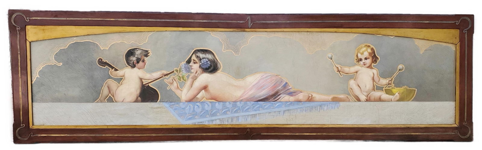 French/Belgian (19th Century) Pair of Paintings,, Recumbent Nude Maidens with Frolicking Putto, both: French/Belgian (19th Century) Pair of Paintings, Recumbent Nude Maidens with Frolicking Putto, both unsigned, Oil on canvas, 26 1/2" x 110", each in period Art Nouveau wood frames with arched spandrel