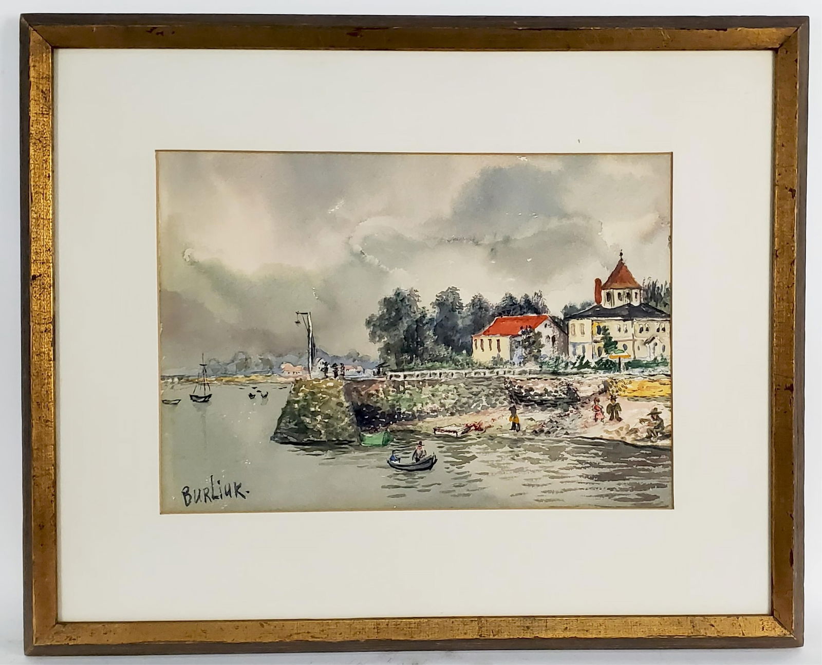 David Burliuk (Russian, 1882-1967) Lake Landscape with Figures and Boats, Signed Burliuk lower left,: David Burliuk (Russian, 1882-1967) Lake Landscape with Figures and Boats, Signed Burliuk lower left, watercolor on paper, Sight-9 3/4" x 13 3/4", Framed-17 1/2" x 21 1/2"