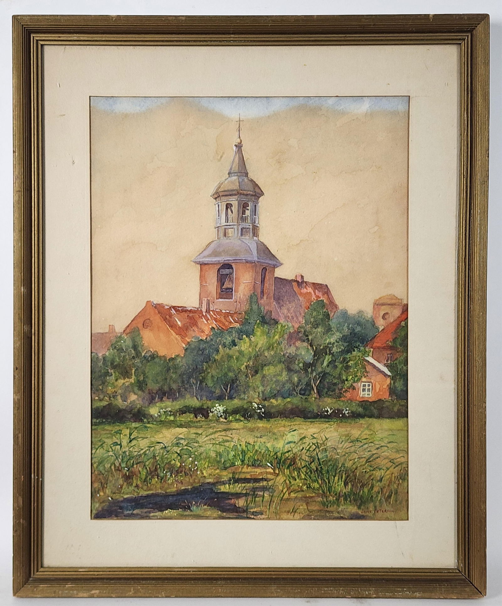 Jane Peterson (American, 1876-1965) Country Landscape with Church, Watercolor on paper, Signed Jane (1 of 5)