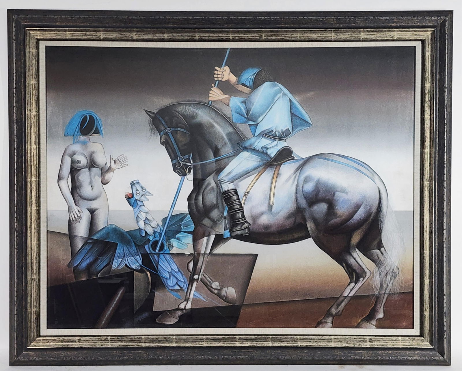 David Manzur (Colombian, b. 1929) Allegory to St. George and the Dragon, Mixed Media and Pastel on: David Manzur (Colombian, b. 1929) Allegory to St. George and the Dragon, Mixed Media and Pastel on Paper, Signed Manzur and dated '93, 27 1/4" x 35", Framed-32" x 40"