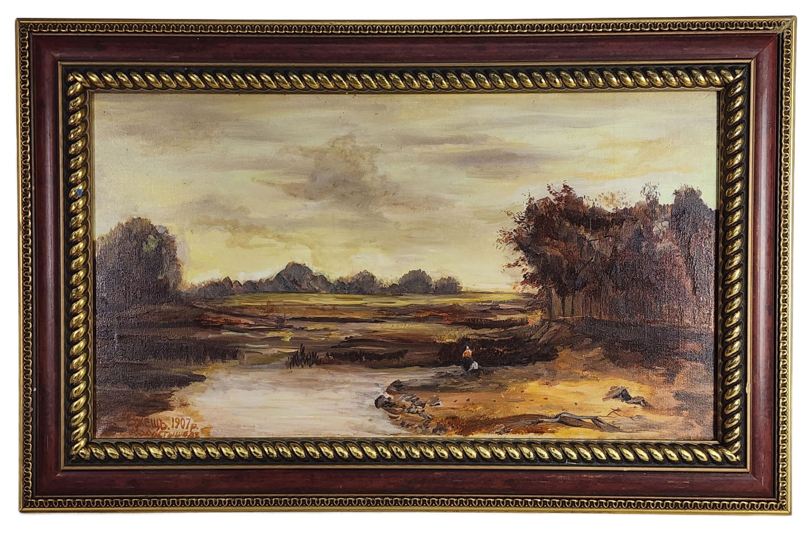 Yevhen Ksaveriyovch Vzheshch (Ukrainian, 1853-1917) Landscape with River and Figure, Oil on Canvas, (1 of 6)