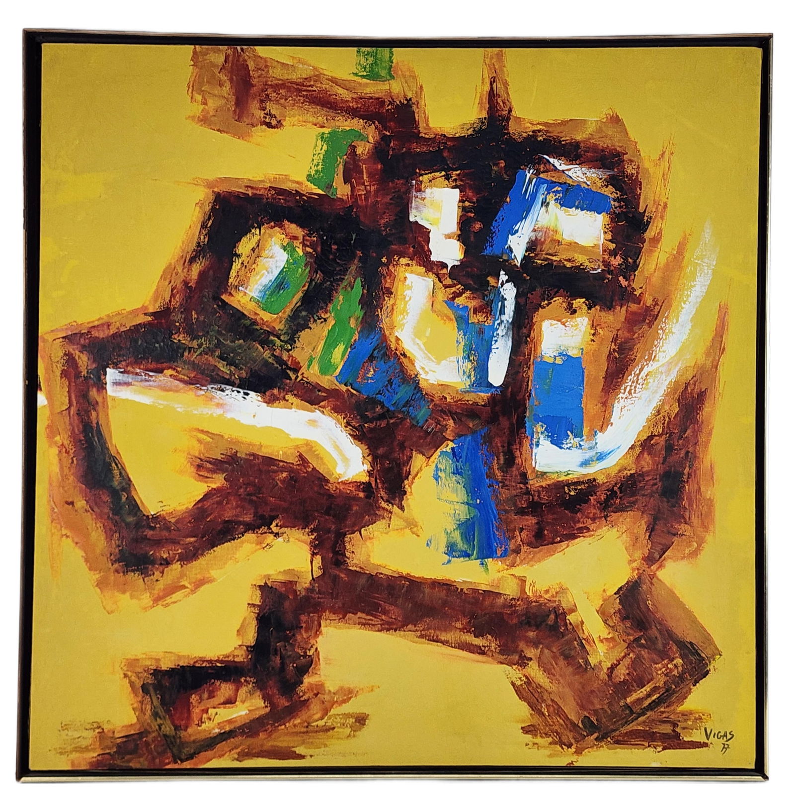 Oswaldo Vigas (Venezuelan,1923-2014) Abstract Composition, Oil on canvas, Signed Vigas and dated '77: Oswaldo Vigas (Venezuelan,1923-2014) Abstract Composition, Oil on canvas, Signed Vigas and dated '77 lower right, 35" x 35", Framed-37 1/4"x 37 1/4", Note: Vigas was a native of Valencia, Venezuela. A