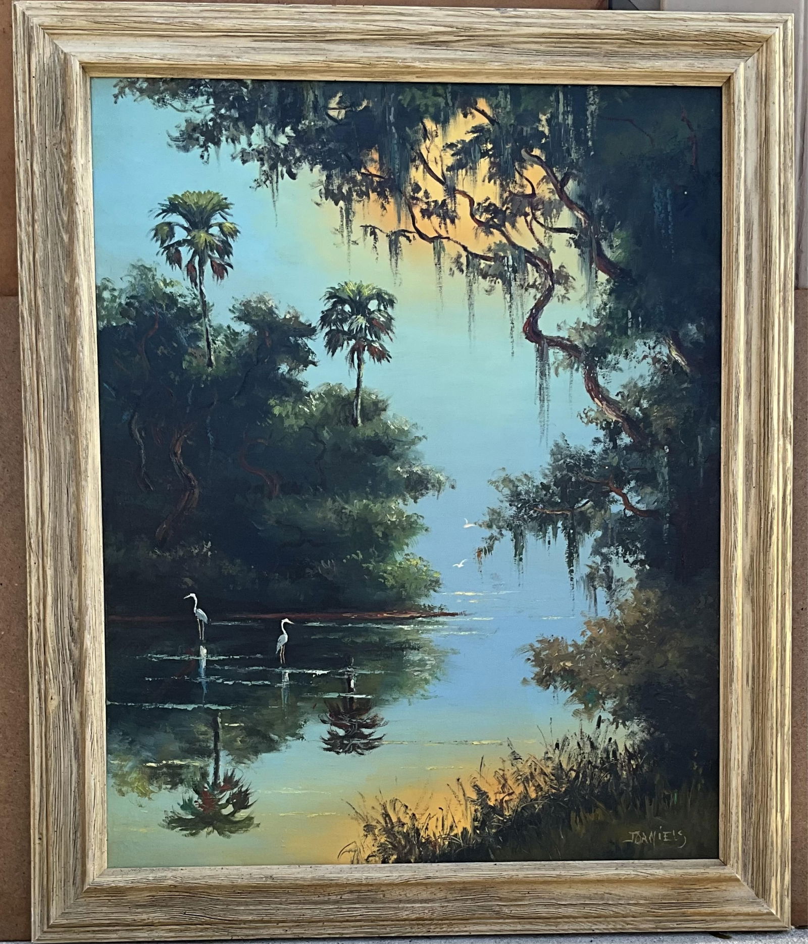 Johnny Lee "Hook" Daniels (Florida Highwayman, 1954-2009) Sunset River Landscape with Herons, Signed (1 of 6)