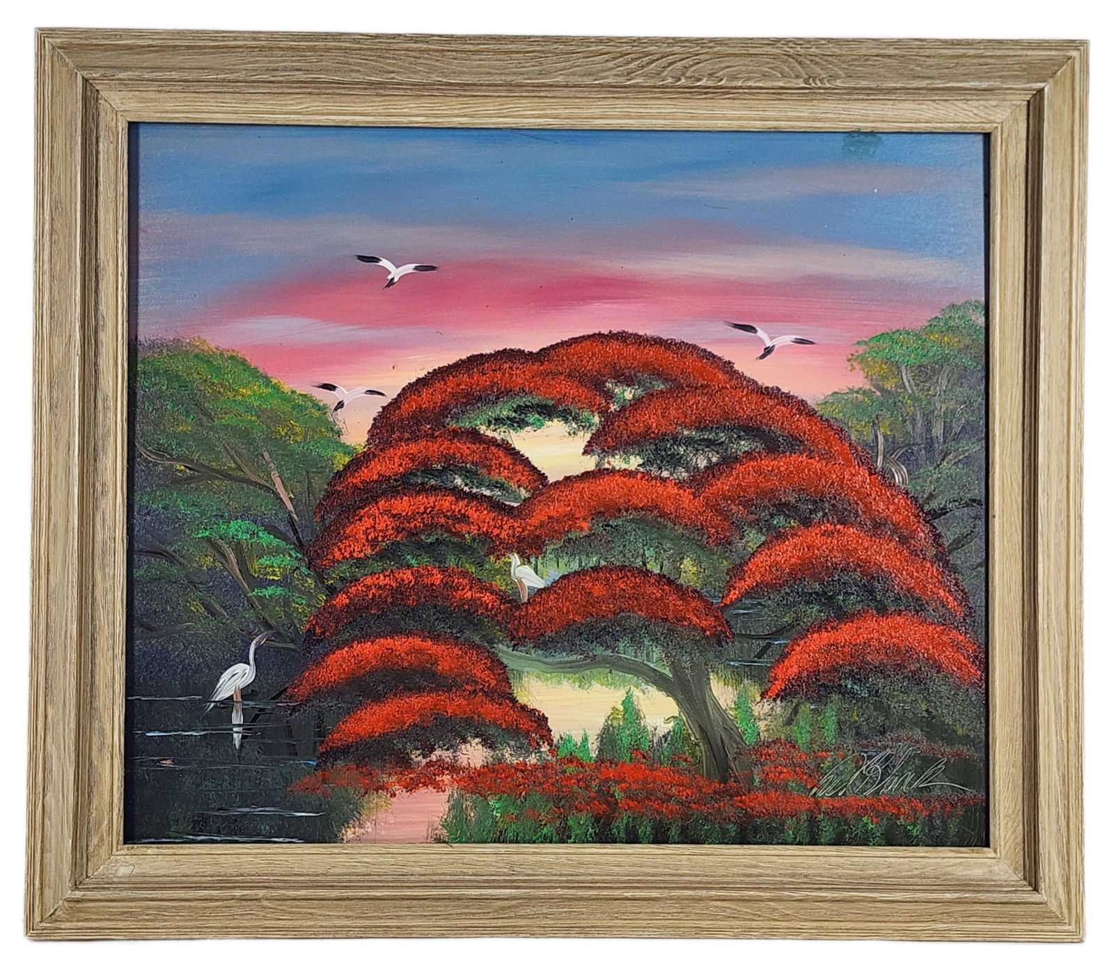 Al Black (Florida Highwayman, 1947-2025) Landscape with Poinciana and Birds, Oil on board, Signed: Al Black (Florida Highwayman, 1947-2025) Landscape with Poinciana and Birds, Oil on board, Signed lower right, 20" x 24", Framed-24 7/8" x 28 7/8"