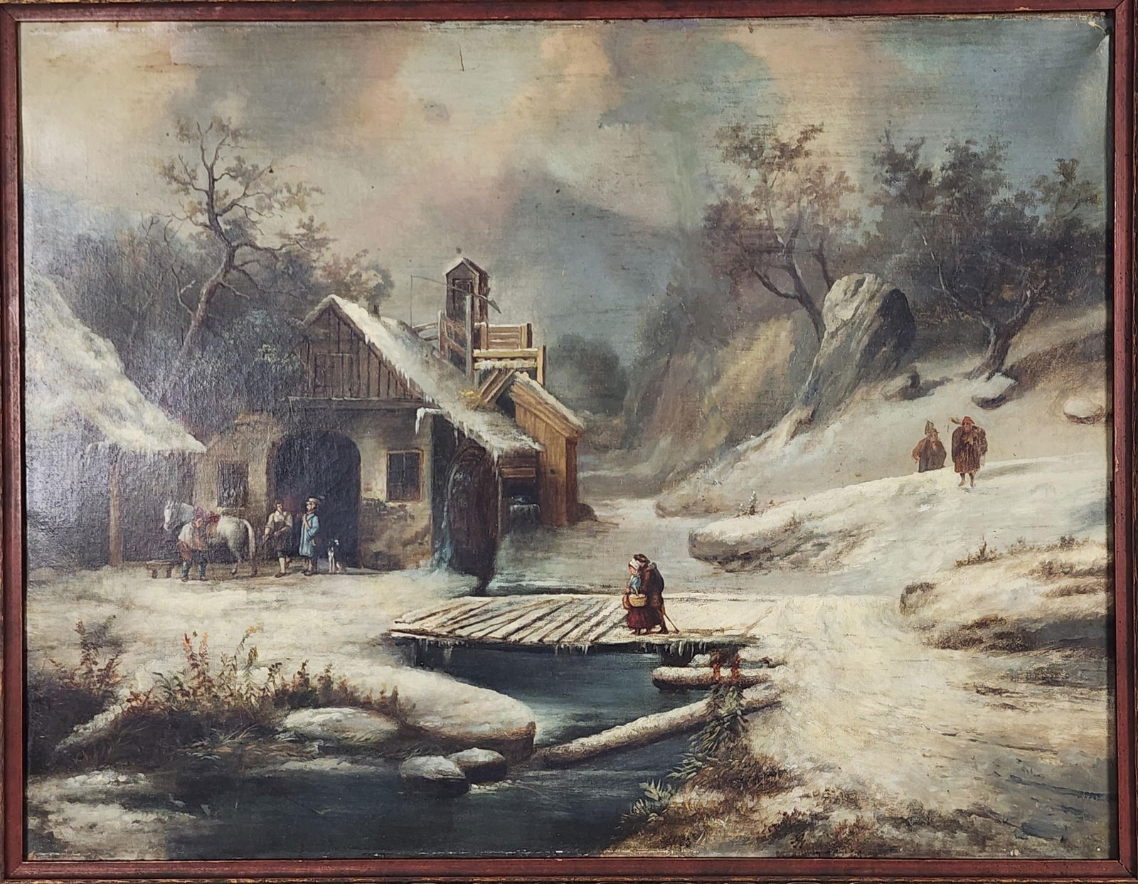 American School (19th Century) Winter Landscape with Watermill and Figures, Oil on Canvas,: American School (19th Century) Winter Landscape with Watermill and Figures, Oil on Canvas, monogrammed AJM (possibly Alfred Jacob Miller 1810-1874), Unsigned, Verso bears J. W. Frizzell Baltimore fram