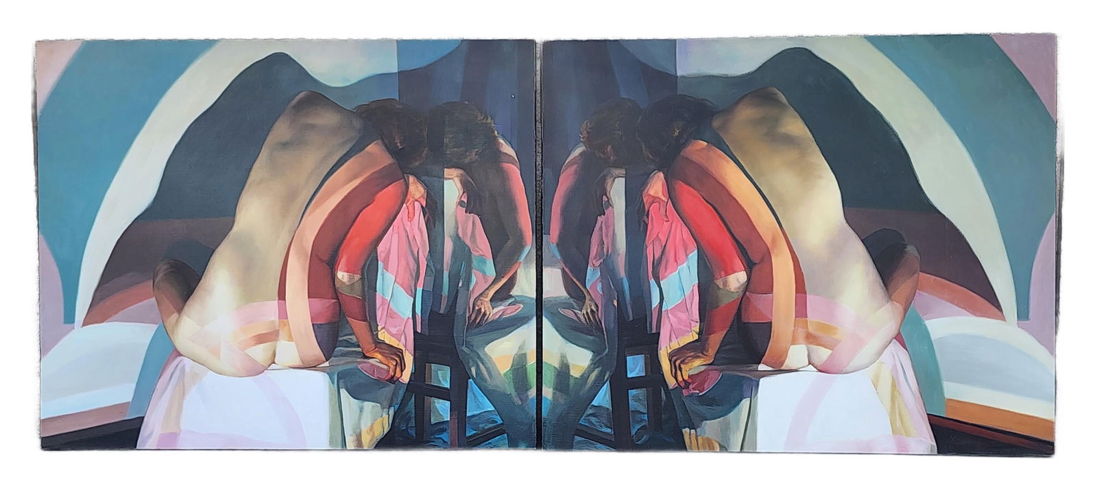 Qian Yang (Chinese, b. 1959) Figure with Projection of Stella #4, Diptych, Oil on canvas, Signed: Qian Yang (Chinese, b. 1959) Figure with Projection of Stella #4, Diptych, Oil on canvas, Signed Qian Yang lower right, Verso Signed and titled by artist, 51" x 62 1/4", no frame.