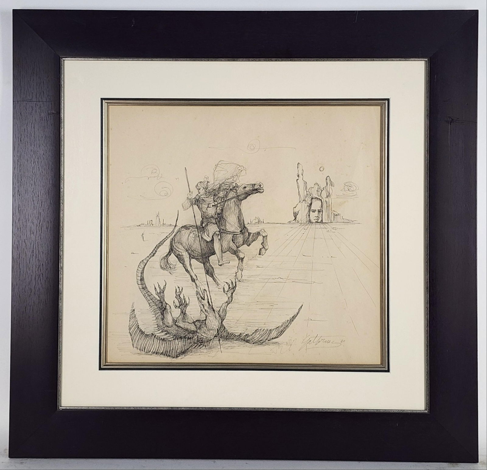 Antonio Gattorno (Cuban, 1904-1980) Surrealist Drawing with Dragon Slayer, Ink on paper, Signed: Antonio Gattorno (Cuban, 1904-1980) Surrealist Drawing with Dragon Slayer, Ink on paper, Signed Gattorno and dated '50, Sight-15 1/4" x 16 1/4", Framed-26 1/2" x 27 1/2", some staining with toning fro
