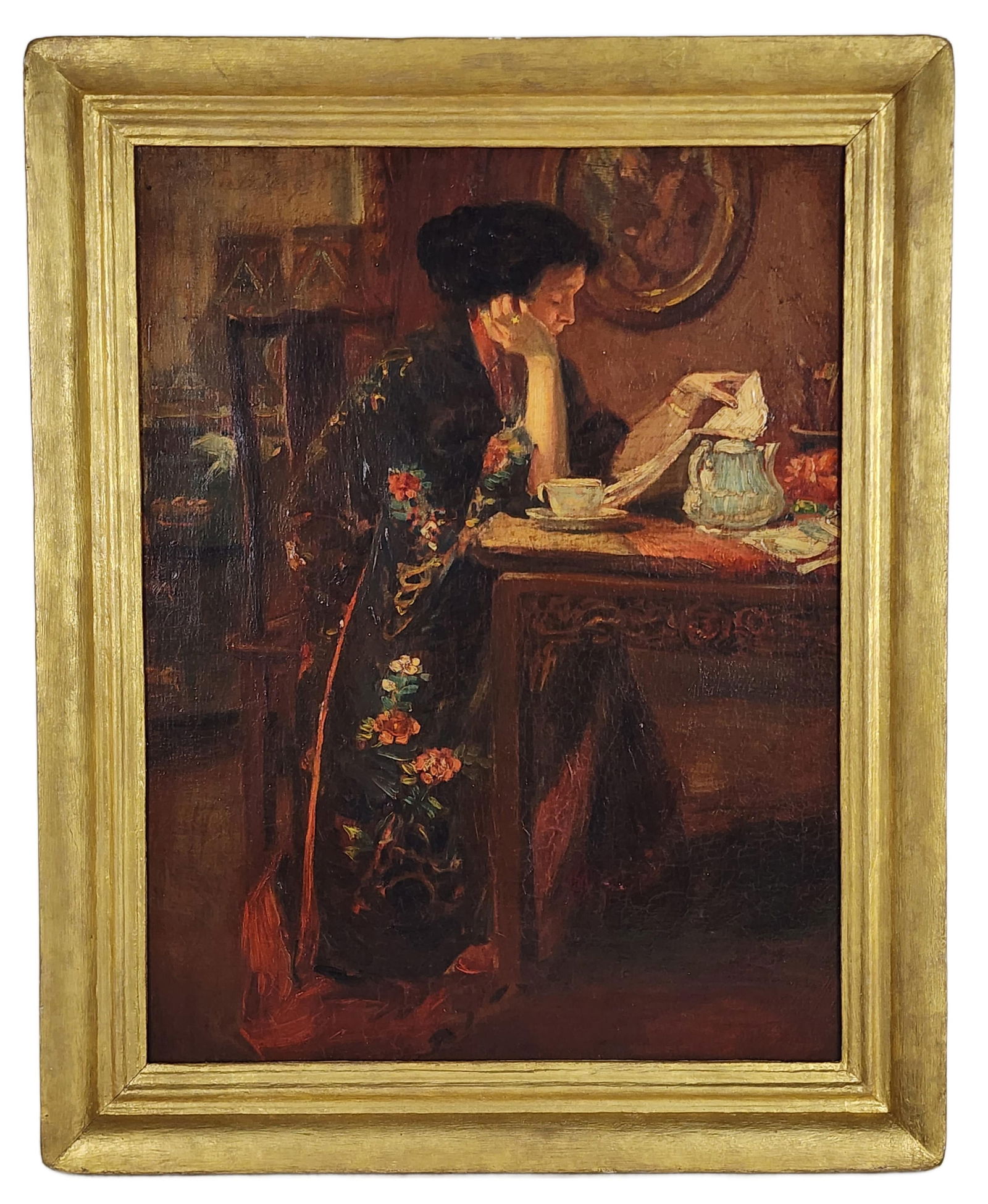 American School (Early 20th Century) Interior with a Lady with Japonaise Robe Seated at a Desk, Oil: American School (Early 20th Century) Interior with a Lady with Japonaise Robe Seated at a Desk, Oil on Canvas, Unsigned, 22" x 17", Framed-25 7/8" x 20 3/4"