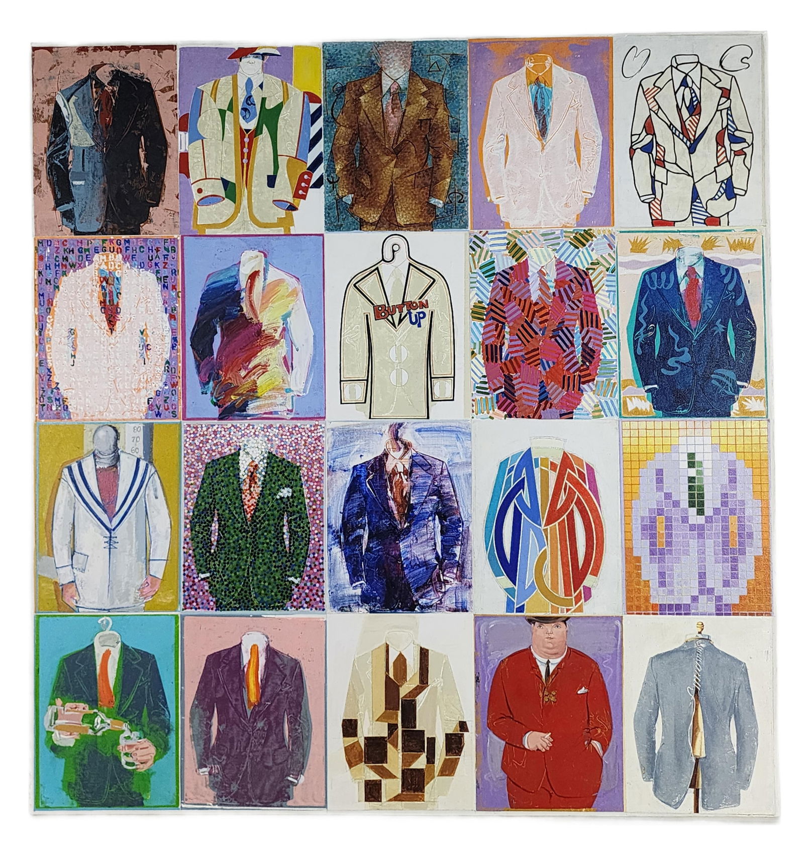 Paul Giovanopoulos (Greek/American, b.1939) Button Up Again, Acrylic on canvas, Signed, Titled, and: Paul Giovanopoulos (Greek/American, b.1939) Button Up Again, Acrylic on canvas, Signed, Titled, and dated 98-99 on back, with the Elaine Baker Gallery, Boca Raton label, 49" x 47", no frame.