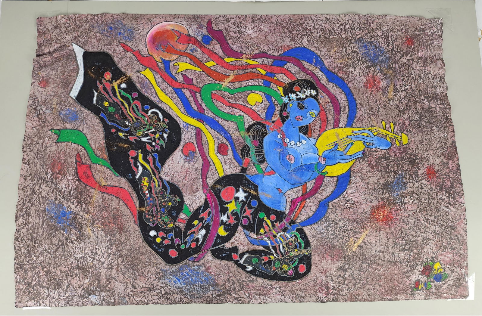 Jiang Tie-Feng (Chinese, b. 1938) Dance with Pipa, Oil and Acrylic on Paper, Signed and dated 2003: Jiang Tie-Feng (Chinese, b. 1938) Dance with Pipa, Oil and Acrylic on Paper, Signed and dated 2003 lower right, 35 1/2" 52", loose and unframed, some waviness to paper upper corners.