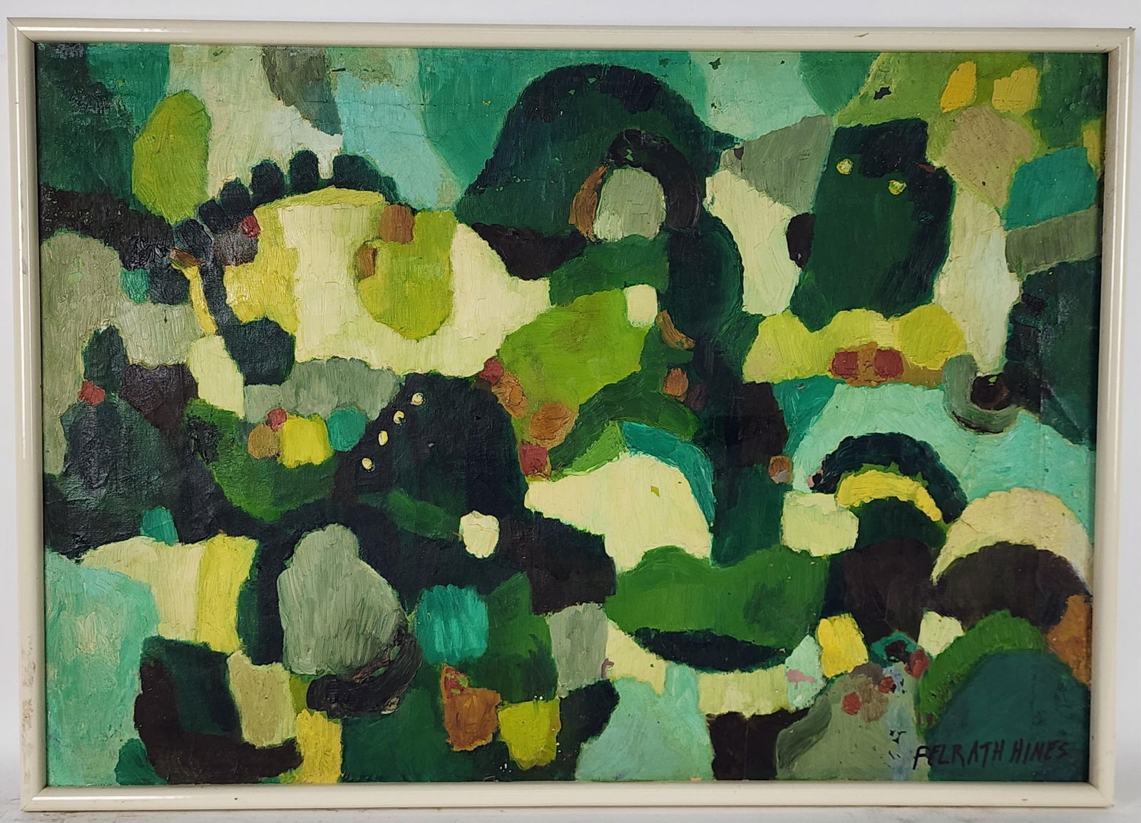 Felrath Hines (American, 1913-1993) Untitled, Oil on Canvas, Signed Felrath Hines lower right, Verso: Felrath Hines (American, 1913-1993) Untitled, Oil on Canvas, Signed Felrath Hines lower right, Verso Signed and dated 1952, 22" x 31 1/2", Framed-23 1/4" x 35 1/2", canvas has several chips to paint,