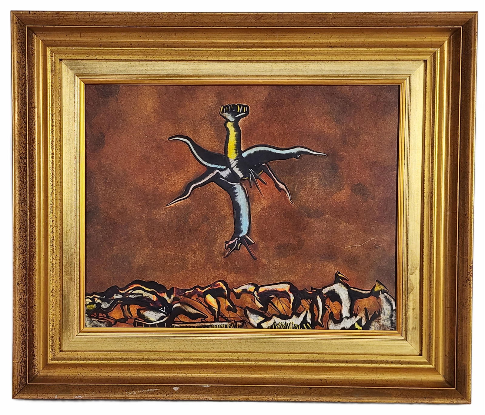 A Contemporary Mixed Media on Paper Painting, Surrealist Composition, Artist Unknown, no visible: A Contemporary Mixed Media on Paper Painting, Surrealist Composition, Artist Unknown, no visible signature, Sight-15" x 19 1/2", Framed-23 1/4" x 27 1/2"