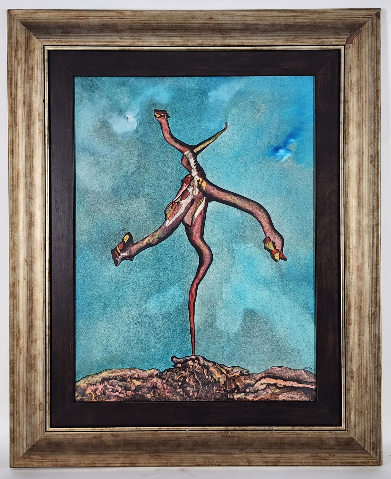 A Contemporary Mixed Media on Paper Painting, Surrealist Composition, Signed C M Luis and dated '85: A Contemporary Mixed Media on Paper Painting, Surrealist Composition, Signed C M Luis and dated '85 lower right, Sight-23 12/' x 17 1/2", Framed-33" x 27"