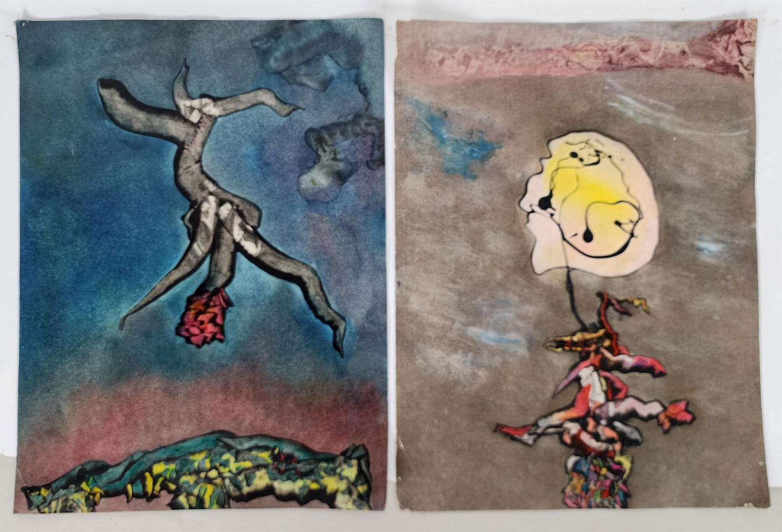 Two Contemporary Surrealist Mixed Media on Paper Paintings, one signed C M Luis and dated, the other: Two Contemporary Surrealist Mixed Media on Paper Paintings, one signed C M Luis and dated, the other titled on back, Sheet-24" x 18", Unframed, one has some light creasing to lower corner and small lo