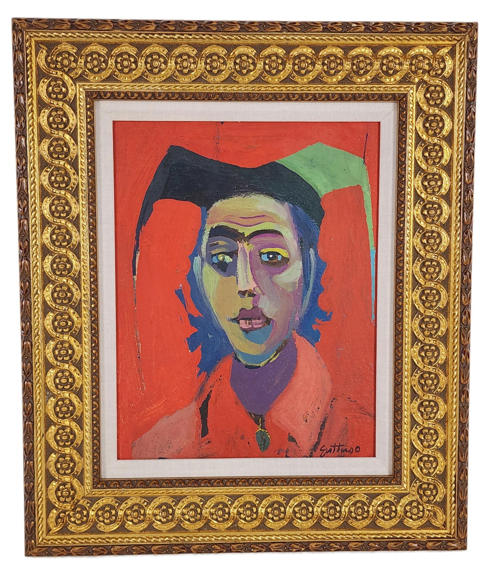 Renato Guttuso (Italian, 1911-1987) Bust of a Harlequin, Oil on board, Signed Guttuso lower right,: Renato Guttuso (Italian, 1911-1987) Bust of a Harlequin, Oil on board, Signed Guttuso lower right, 13 5/8" x 10 3/4", Framed-20 1/4" x 17 1/8", Note:In the work of Renato Guttuso, the Harlequin (Arlec