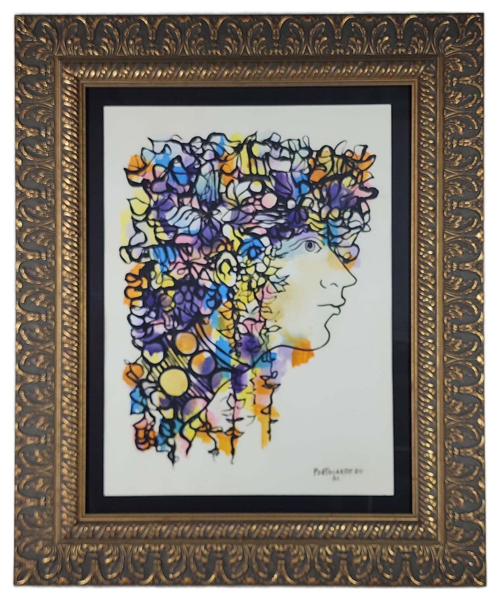 Rene Portocarrero (Cuban, 1912-1985) Profile of Lady, Ink and Watercolor on paper, Signed: Rene Portocarrero (Cuban, 1912-1985) Profile of Lady, Ink and Watercolor on paper, Signed Portocarrero and dated '81 lower right, Sight-27" x 20", Framed-39 1/4" x 32 1/2"