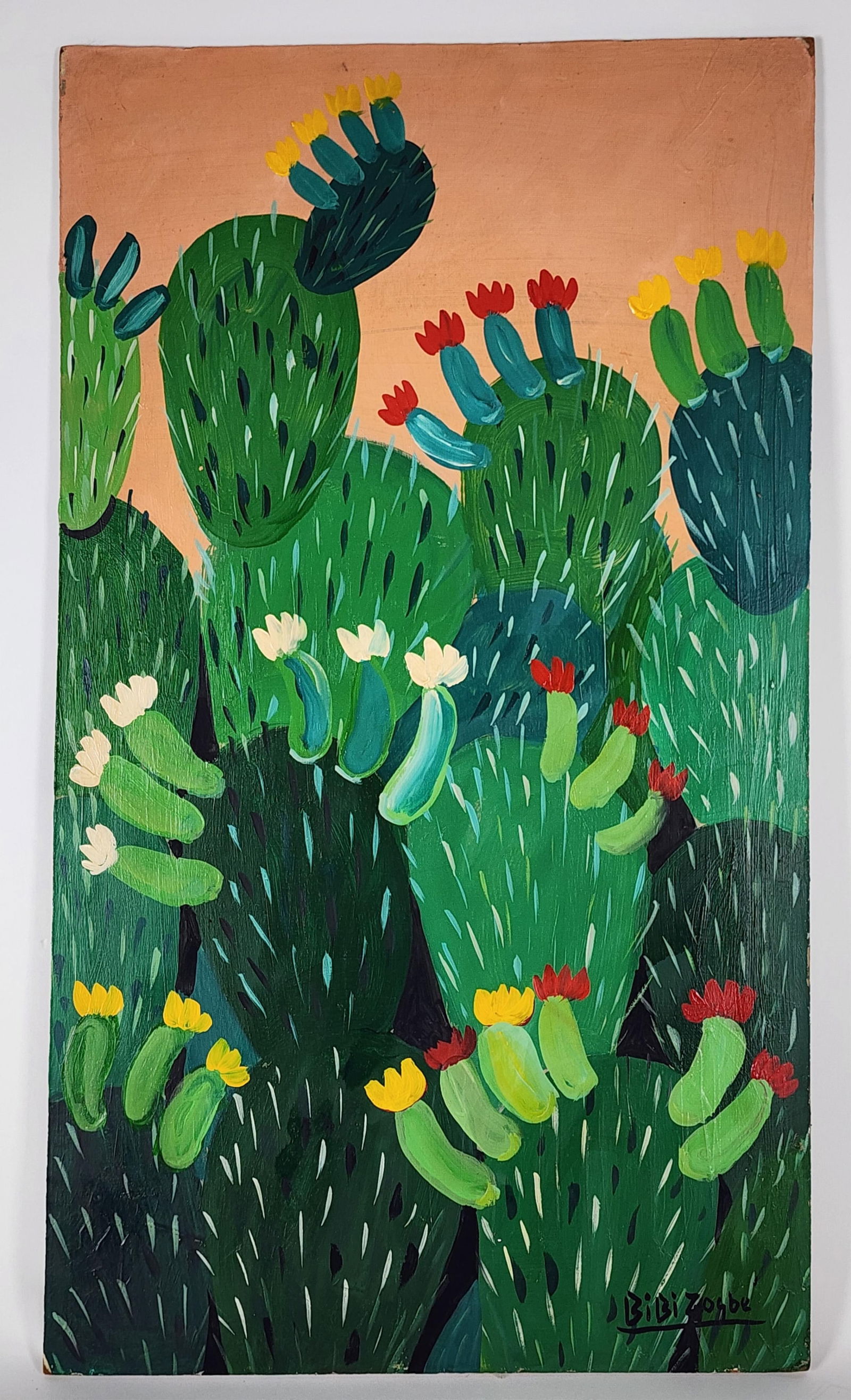 Bibi Zogbe (Lebanese, 1890-1975), Cactus, Oil on masonite, Signed Bibi Zogbe lower right, Verso (1 of 6)