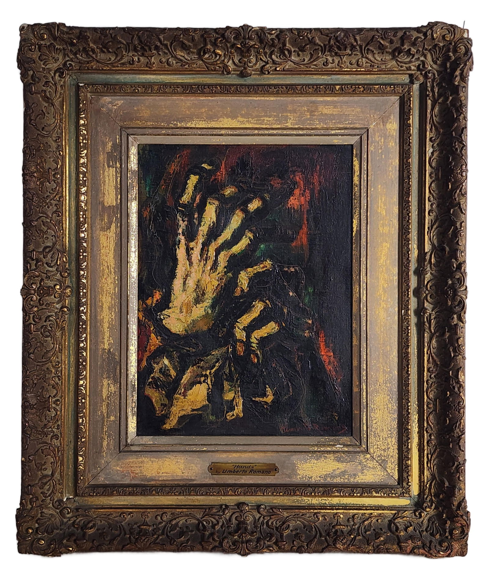 Umberto Romano (Italian/American, 1905-1982) Hands, Oil on canvas, Signed lower right, Verso bears: Umberto Romano (Italian/American, 1905-1982) Hands, Oil on canvas, Signed lower right, Verso bears label from Associated American Artists, New York and dated 1945 by the artist, 15" x 11", Framed-25 1