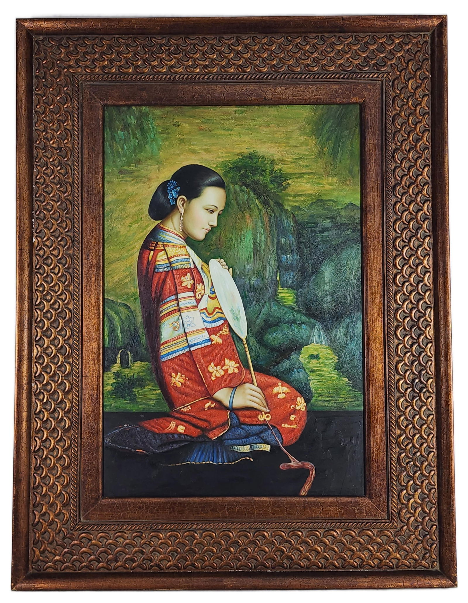 A 20th Century Oil on Canvas Painting, Chinese Lady with Fan, Oil on canvas, 36" x 24", Framed-50: A 20th Century Oil on Canvas Painting, Chinese Lady with Fan, Oil on canvas, 36" x 24", Framed-50 3/4" x 39"