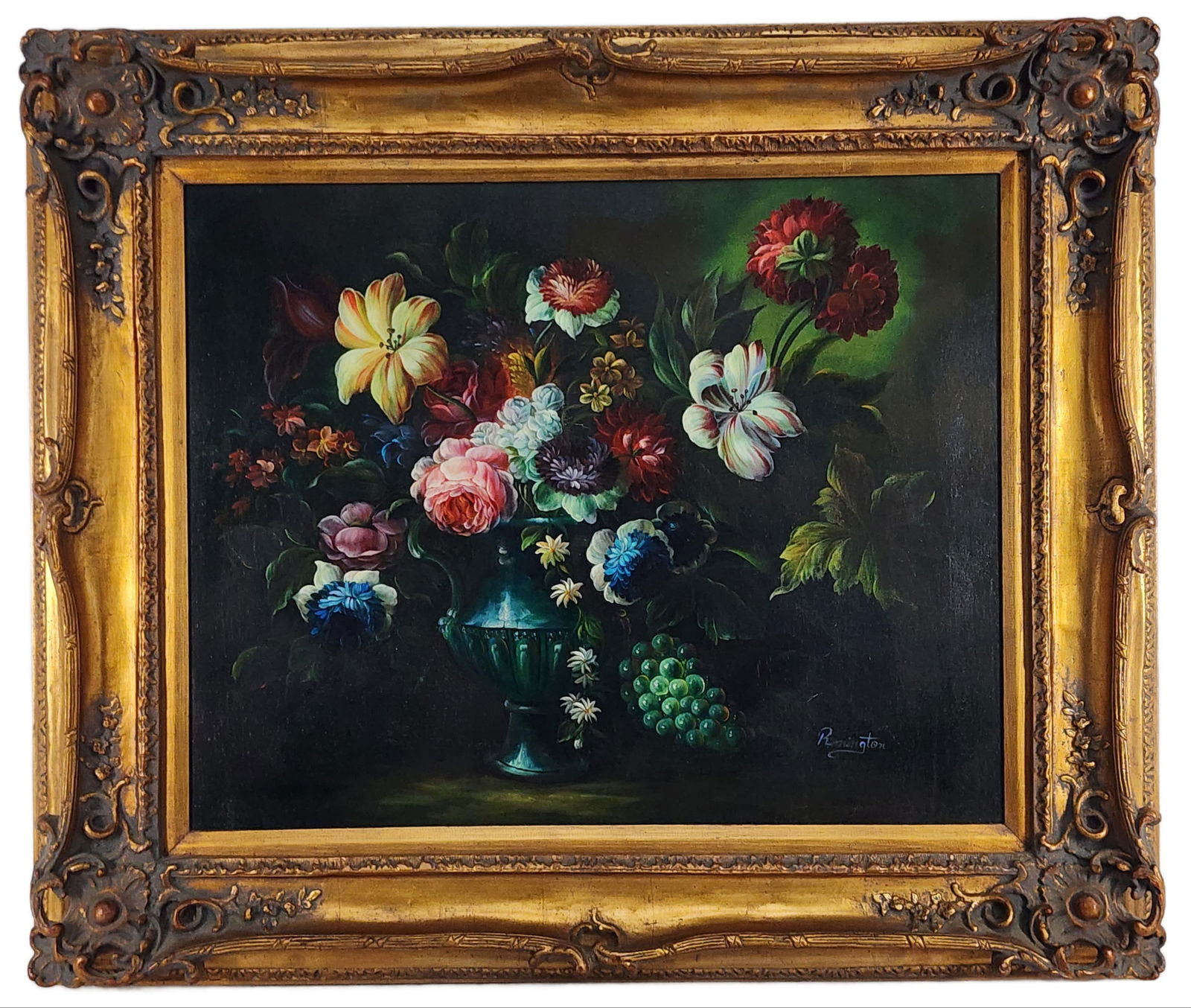 A 20th Century Oil on Canvas Painting, Still Life of Flowers, Oil on canvas, Signed Remington, 24" x: A 20th Century Oil on Canvas Painting, Still Life of Flowers, Oil on canvas, Signed Remington, 24" x 30", Framed-30" x 40 1/2"