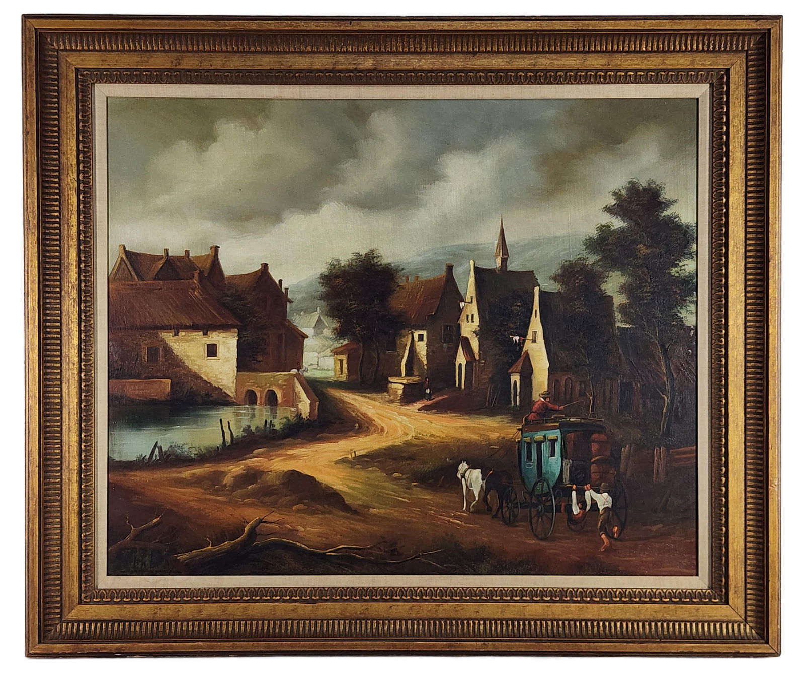 L. Lobray (Spanish, b. 1932) Village Scene with Figures and Stagecoach, Signed Lobray lower left,: L. Lobray (Spanish, b. 1932) Village Scene with Figures and Stagecoach, Signed Lobray lower left, Oil on canvas, 25 3/4" x 32", Framed-33 3/4" x 39 1/2"