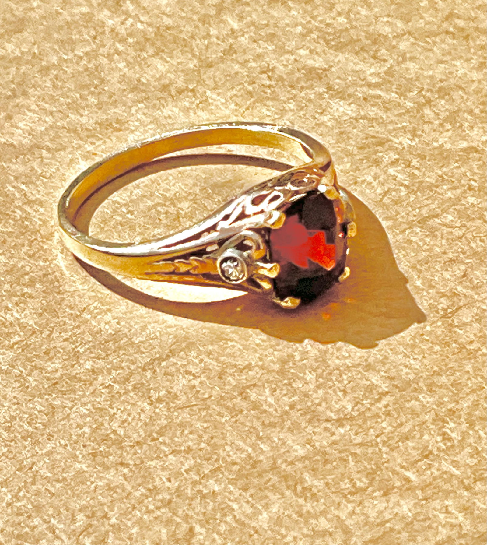 Russian Antique 14 carat gold with the excellent bloody red 1.05 carat spinel and old mine diamonds,: Russian Antique 14 carat gold with the excellent bloody red 1.05 carat spinel and old mine diamonds, stamped 56 , 2.1 grams , size 5.1
